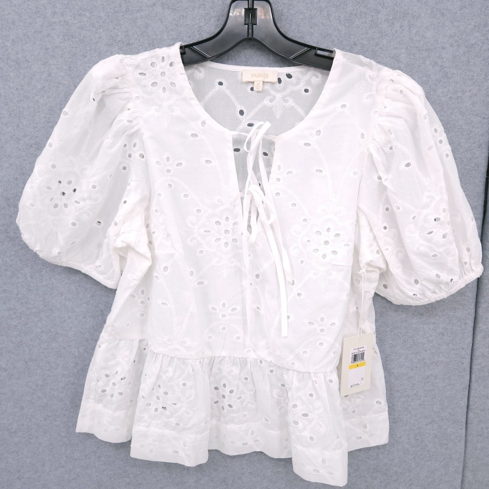 Parker Tie Neck Alina Peplum Top Eyelet Lucent White Womens Size M NWT